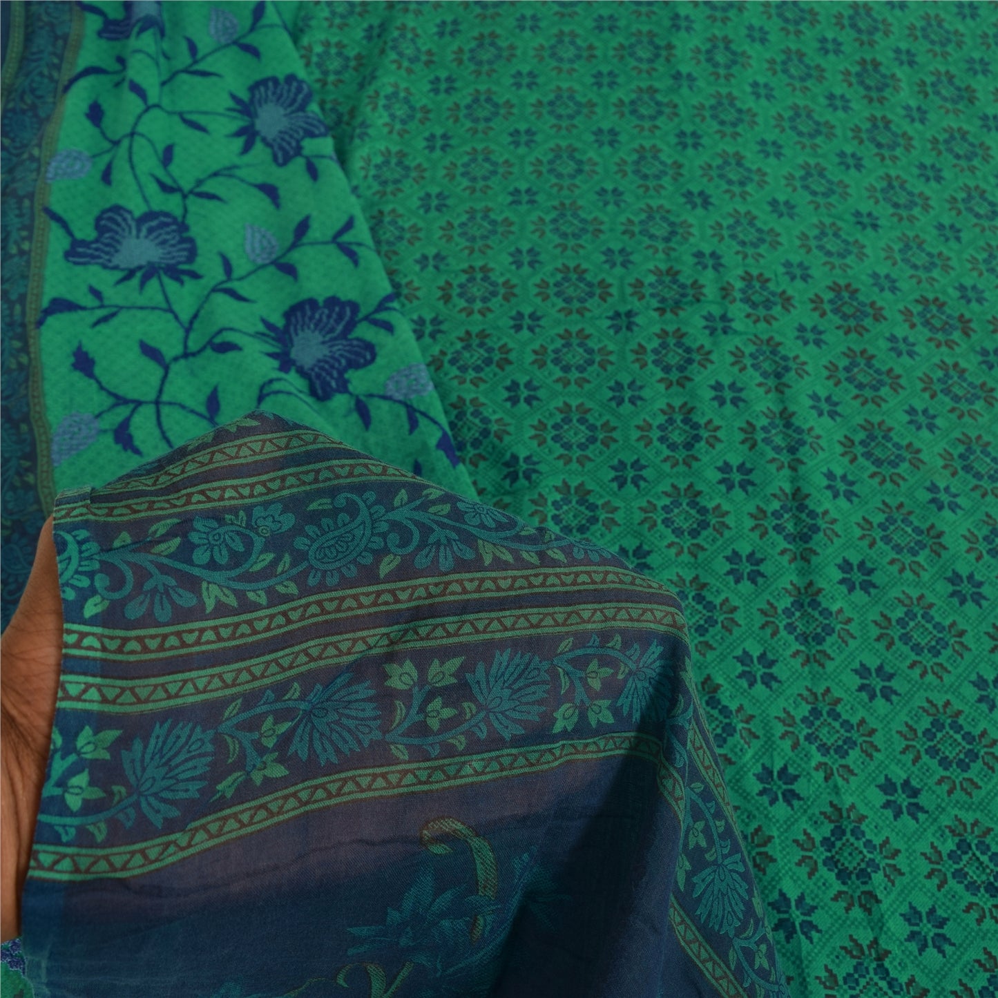 Sanskriti Vintage Sarees Green/Blue Pure Cotton Printed Sari 5+yd Craft Fabric