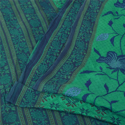 Sanskriti Vintage Sarees Green/Blue Pure Cotton Printed Sari 5+yd Craft Fabric