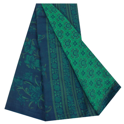 Sanskriti Vintage Sarees Green/Blue Pure Cotton Printed Sari 5+yd Craft Fabric