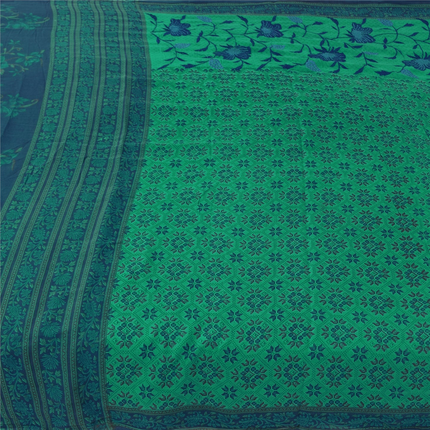 Sanskriti Vintage Sarees Green/Blue Pure Cotton Printed Sari 5+yd Craft Fabric