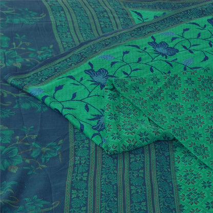 Sanskriti Vintage Sarees Green/Blue Pure Cotton Printed Sari 5+yd Craft Fabric