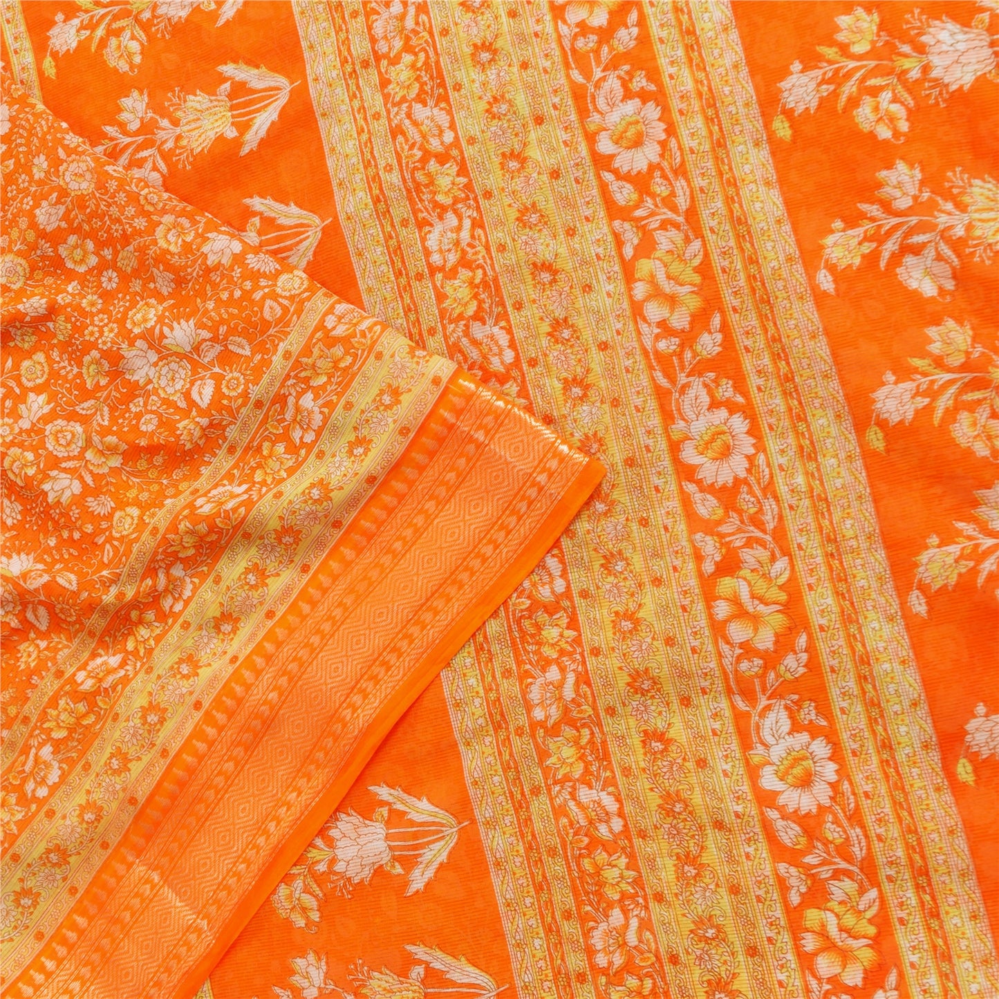 Sanskriti Vintage Sarees Orange 100% Pure Cotton Printed Sari 5+yd Craft Fabric