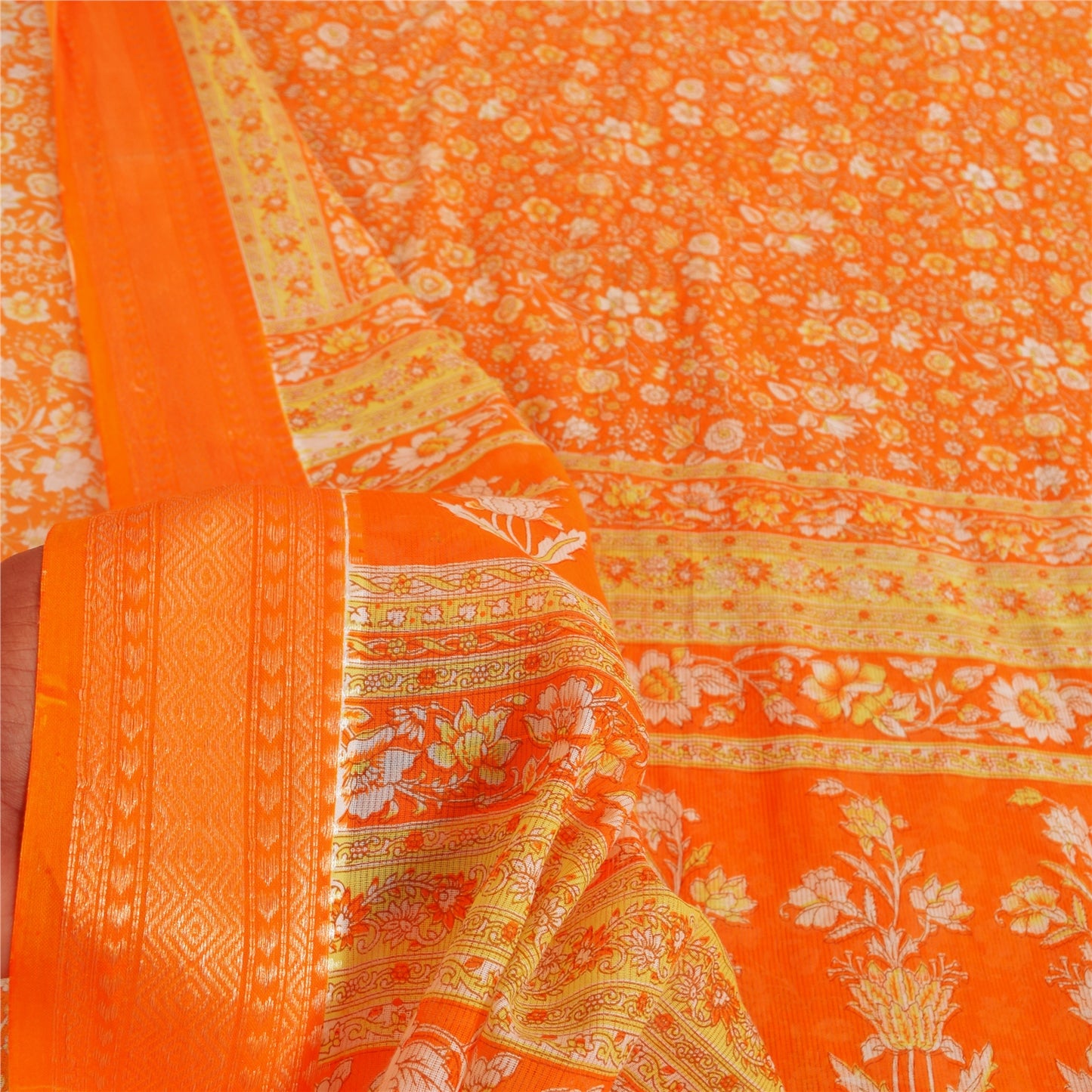 Sanskriti Vintage Sarees Orange 100% Pure Cotton Printed Sari 5+yd Craft Fabric