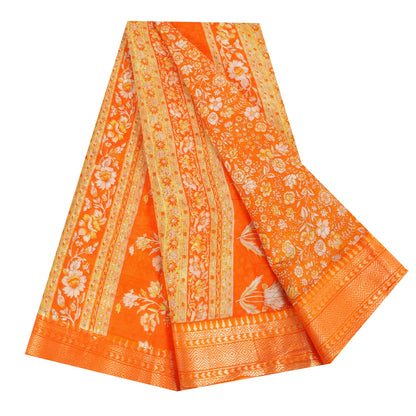 Sanskriti Vintage Sarees Orange 100% Pure Cotton Printed Sari 5+yd Craft Fabric