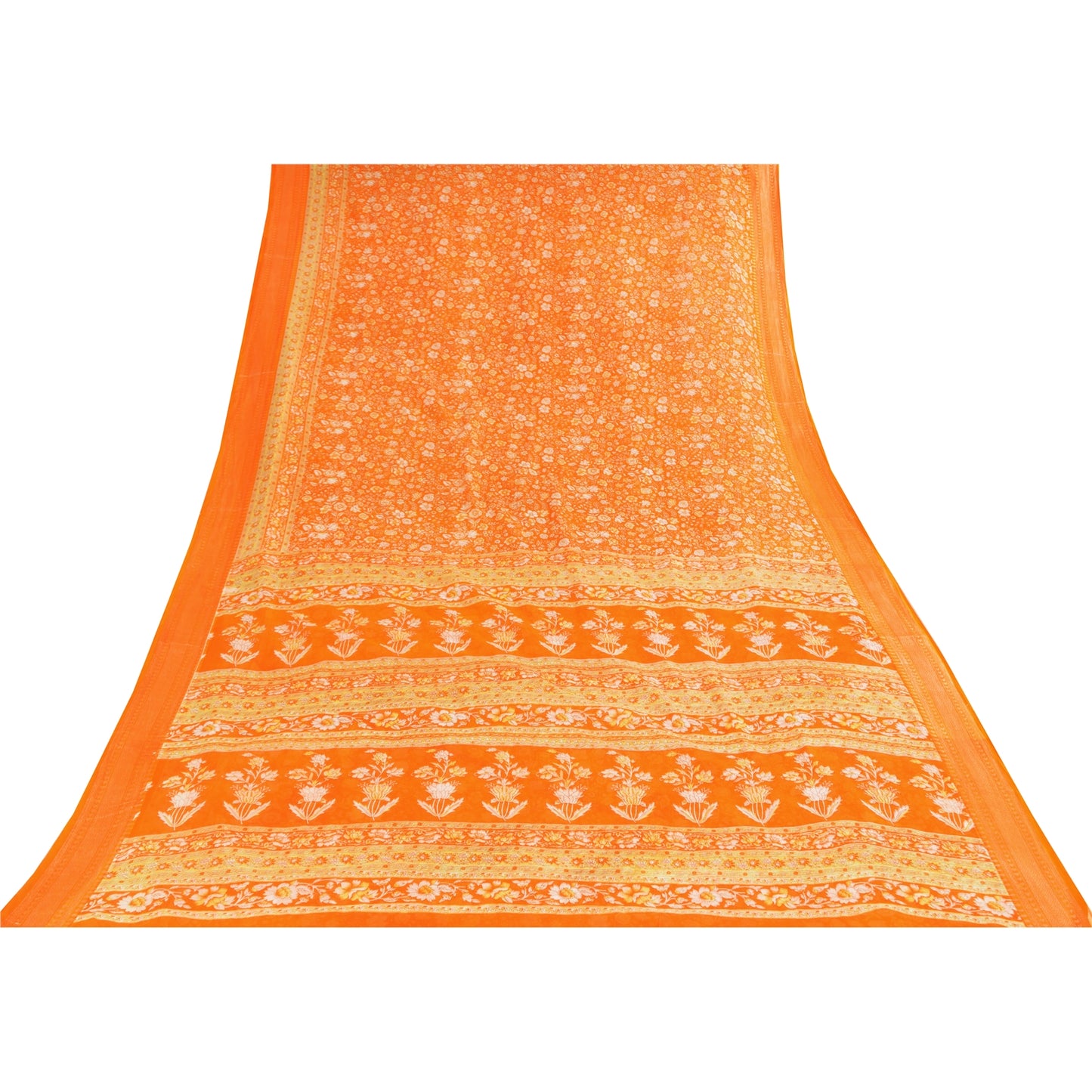 Sanskriti Vintage Sarees Orange 100% Pure Cotton Printed Sari 5+yd Craft Fabric