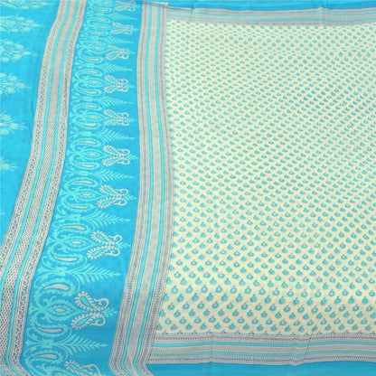 Sanskriti Vintage Sarees White/Blue Pure Cotton Printed Sari 5+yd Craft Fabric