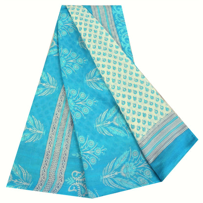 Sanskriti Vintage Sarees White/Blue Pure Cotton Printed Sari 5+yd Craft Fabric