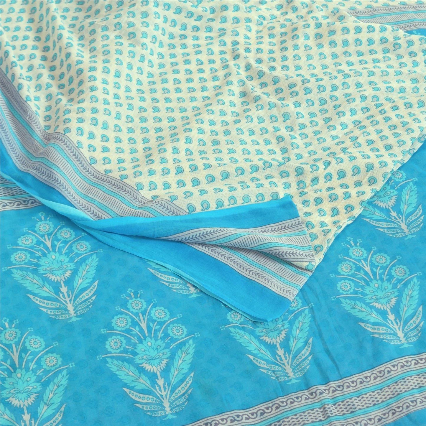 Sanskriti Vintage Sarees White/Blue Pure Cotton Printed Sari 5+yd Craft Fabric