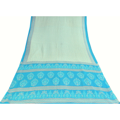 Sanskriti Vintage Sarees White/Blue Pure Cotton Printed Sari 5+yd Craft Fabric