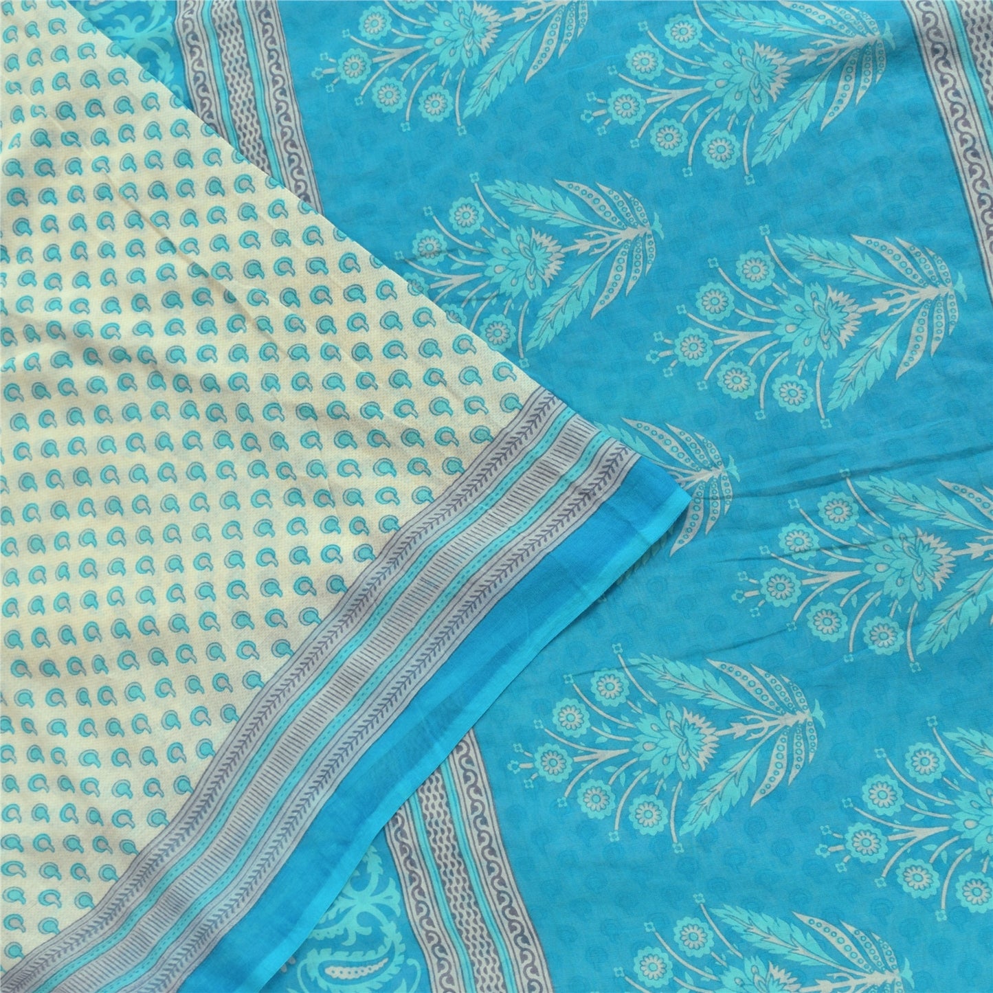 Sanskriti Vintage Sarees White/Blue Pure Cotton Printed Sari 5+yd Craft Fabric