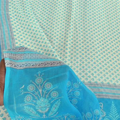 Sanskriti Vintage Sarees White/Blue Pure Cotton Printed Sari 5+yd Craft Fabric