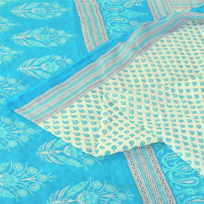 Sanskriti Vintage Sarees White/Blue Pure Cotton Printed Sari 5+yd Craft Fabric