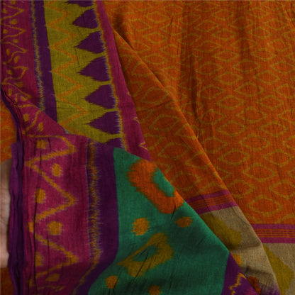 Sanskriti Vintage Sarees Saffron Pure Cotton Ikat Printed Sari 5+yd Craft Fabric