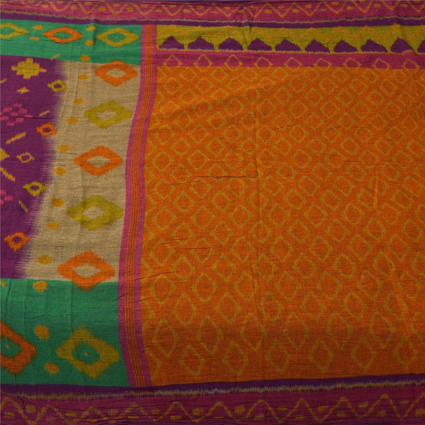 Sanskriti Vintage Sarees Saffron Pure Cotton Ikat Printed Sari 5+yd Craft Fabric