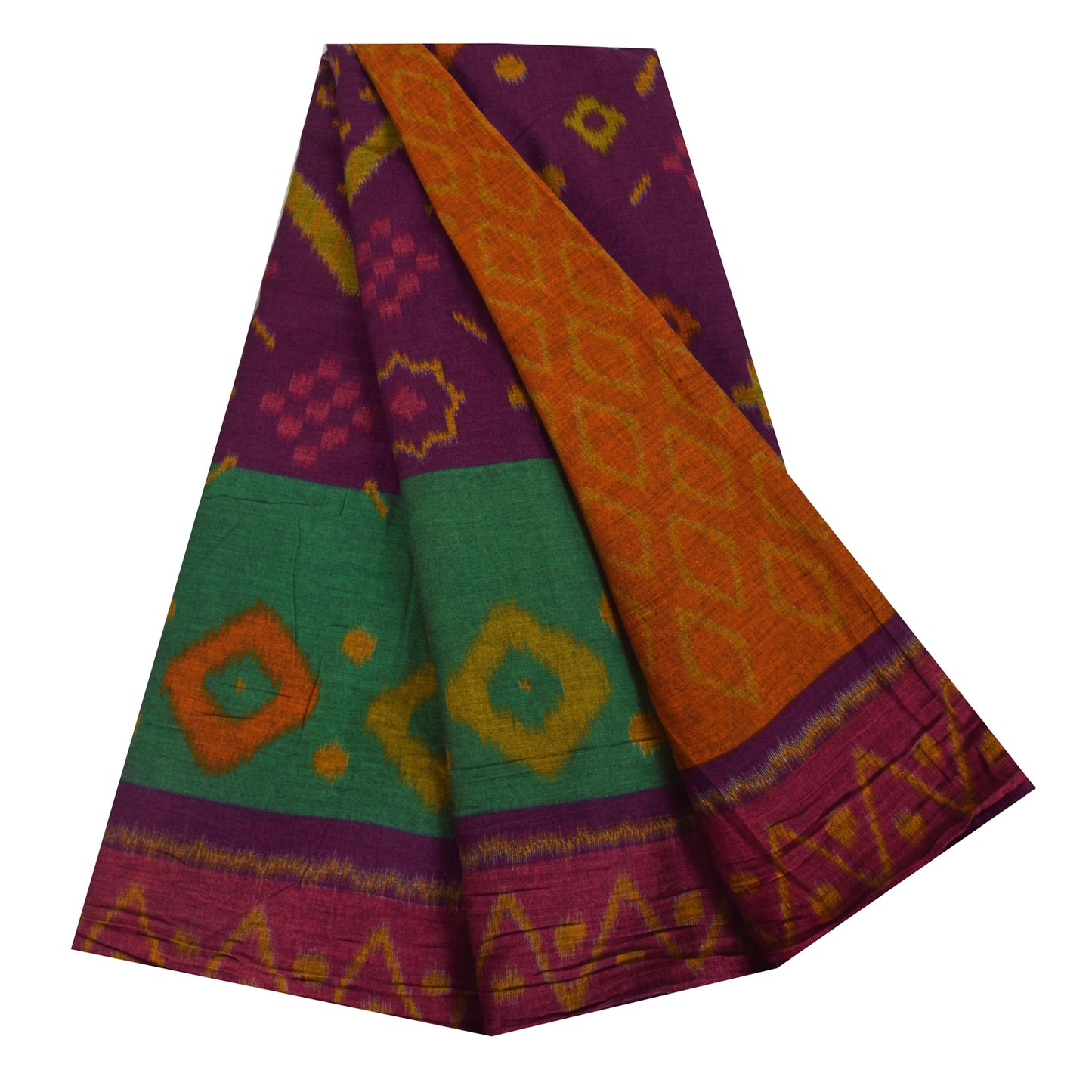 Sanskriti Vintage Sarees Saffron Pure Cotton Ikat Printed Sari 5+yd Craft Fabric