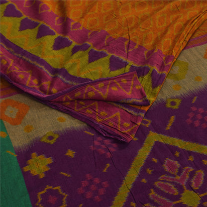 Sanskriti Vintage Sarees Saffron Pure Cotton Ikat Printed Sari 5+yd Craft Fabric