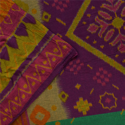 Sanskriti Vintage Sarees Saffron Pure Cotton Ikat Printed Sari 5+yd Craft Fabric