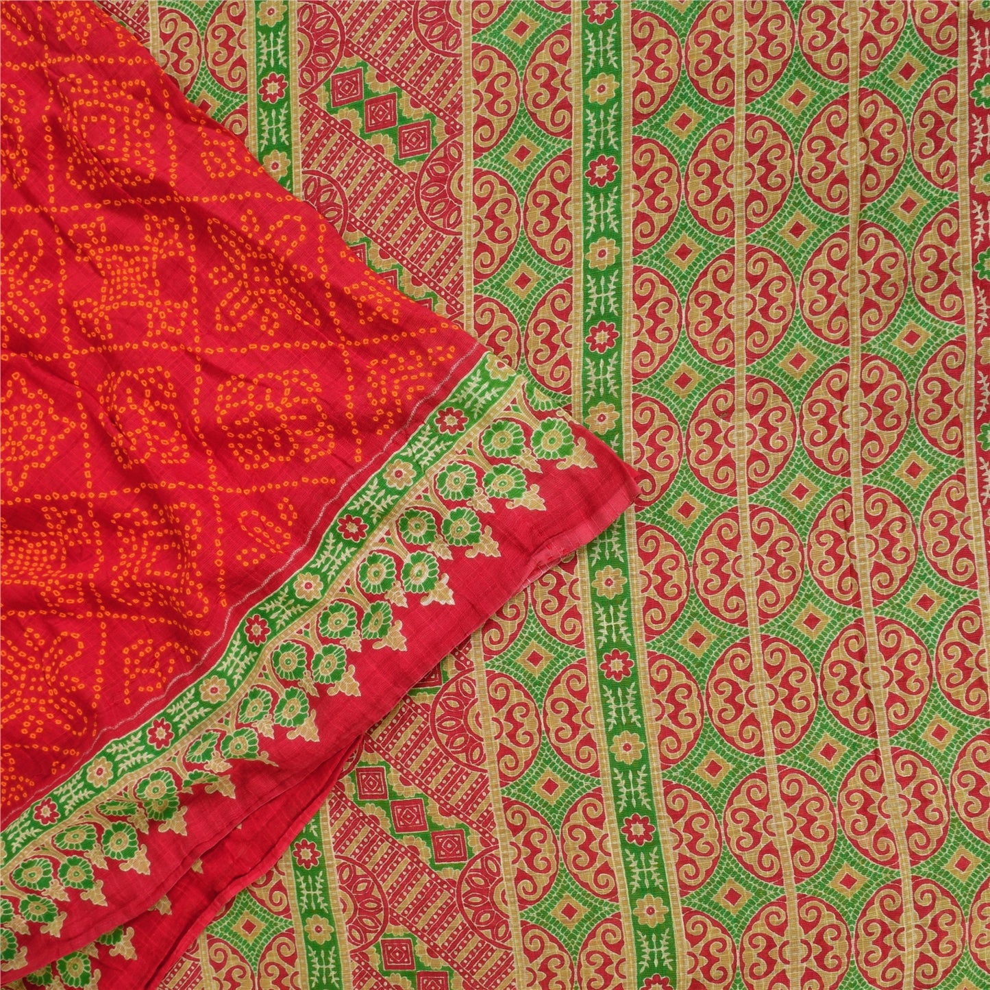 Sanskriti Vintage Sarees Red Bandhani Pure Cotton Printed Sari 5+yd Craft Fabric