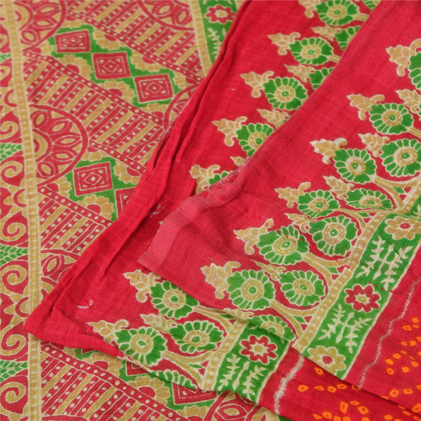 Sanskriti Vintage Sarees Red Bandhani Pure Cotton Printed Sari 5+yd Craft Fabric