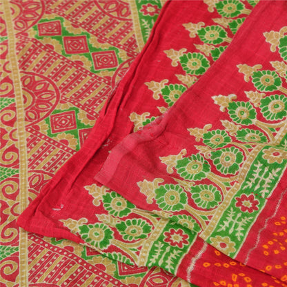 Sanskriti Vintage Sarees Red Bandhani Pure Cotton Printed Sari 5+yd Craft Fabric