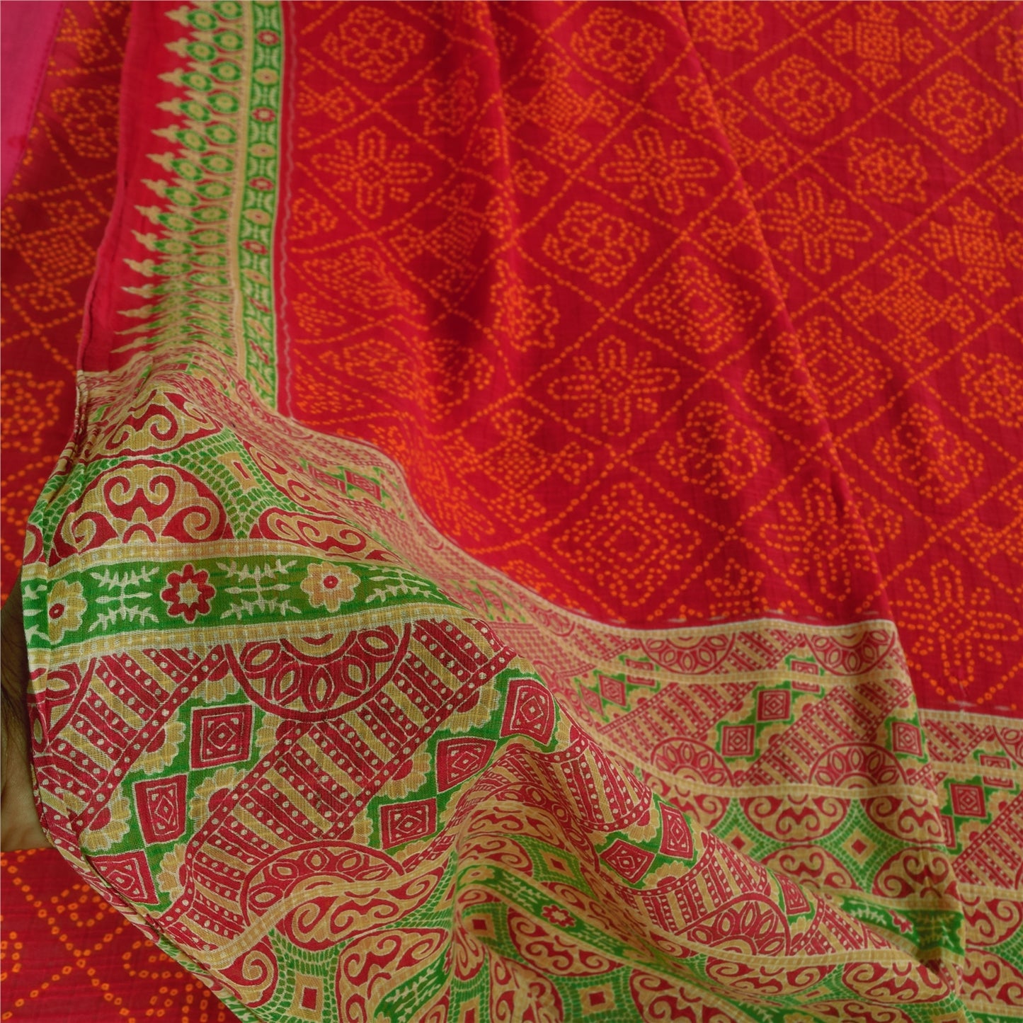 Sanskriti Vintage Sarees Red Bandhani Pure Cotton Printed Sari 5+yd Craft Fabric