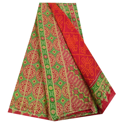 Sanskriti Vintage Sarees Red Bandhani Pure Cotton Printed Sari 5+yd Craft Fabric