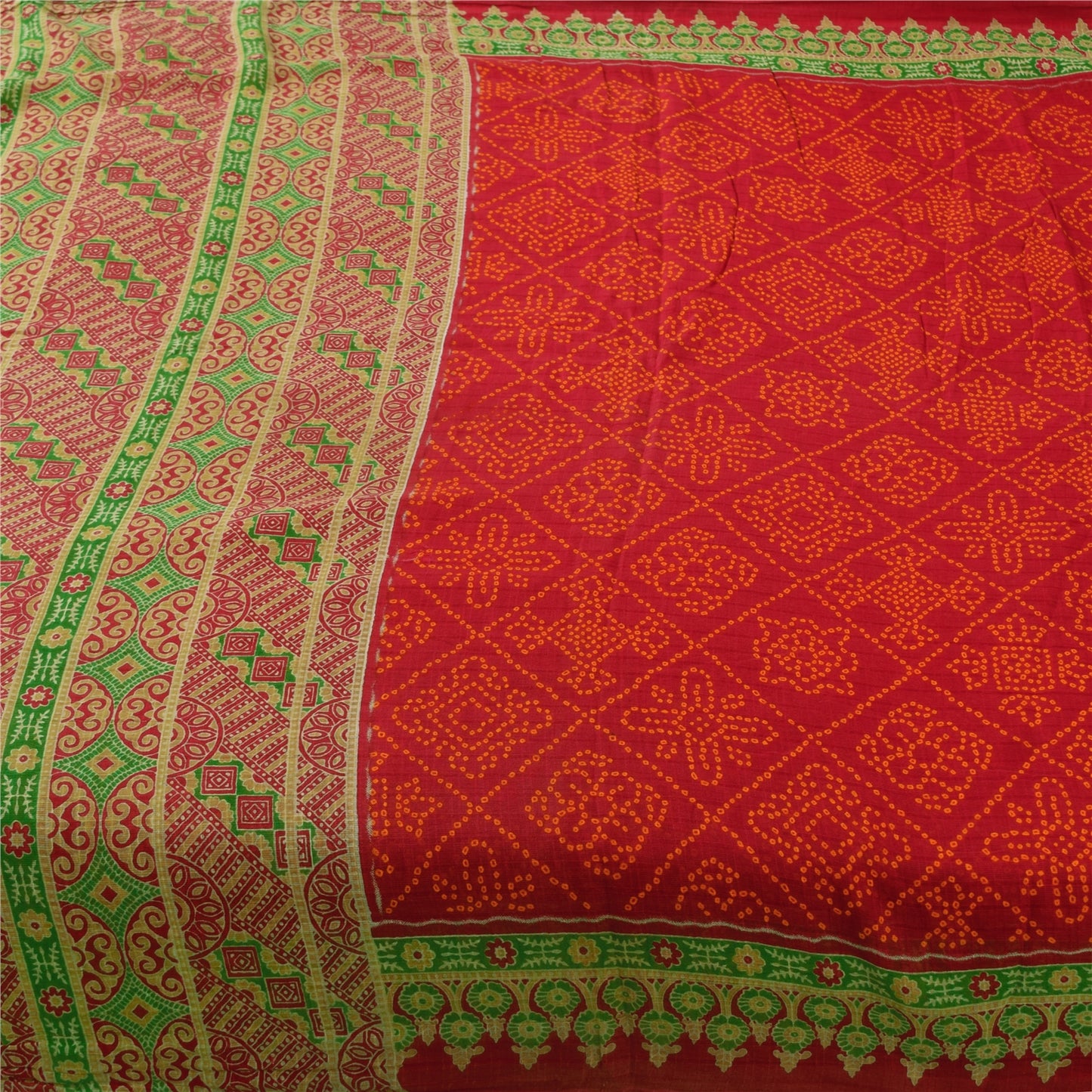 Sanskriti Vintage Sarees Red Bandhani Pure Cotton Printed Sari 5+yd Craft Fabric