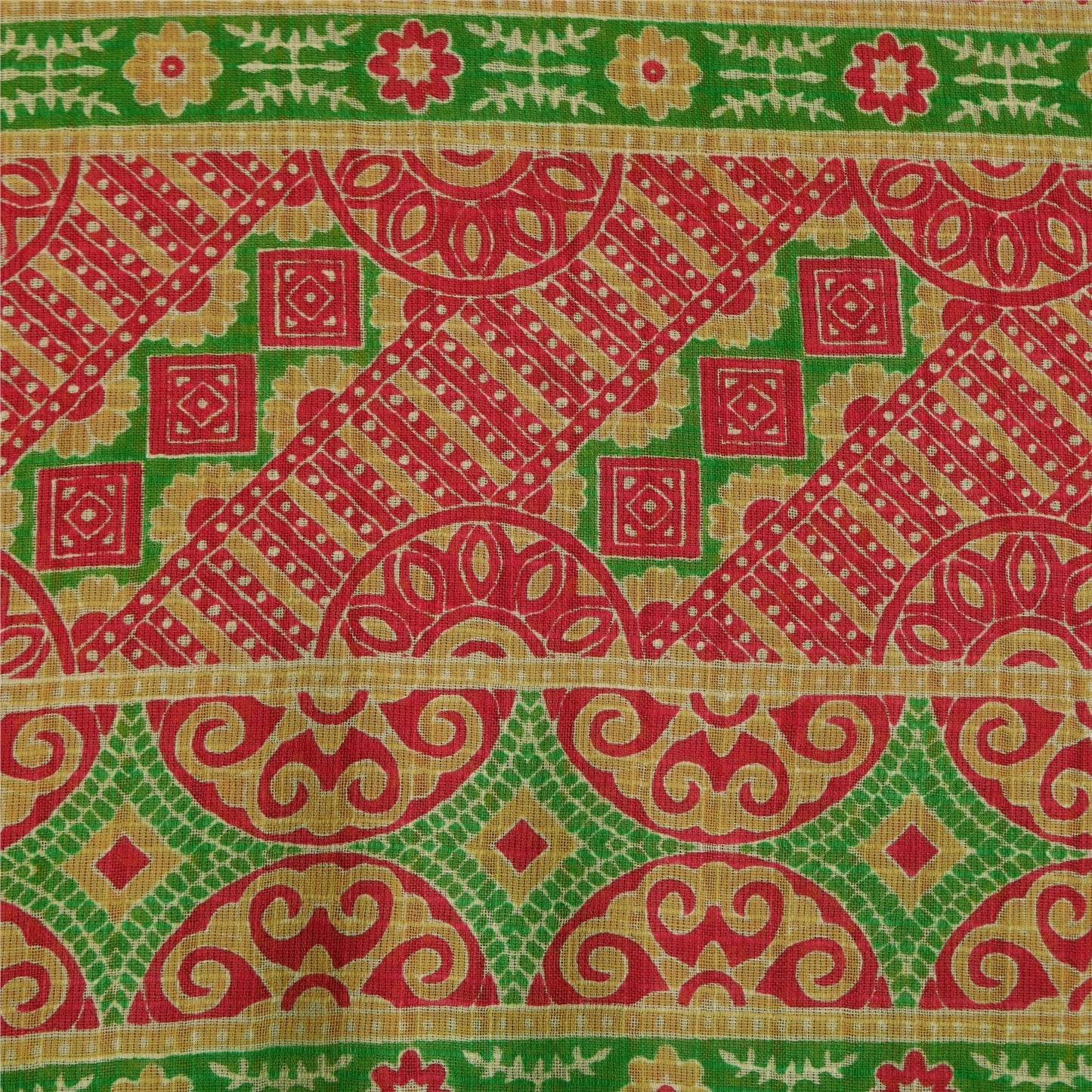 Sanskriti Vintage Sarees Red Bandhani Pure Cotton Printed Sari 5+yd Craft Fabric