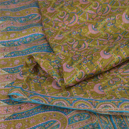 Sanskriti Vintage Green Printed Indian Sarees 100% Pure Silk Sari Craft Fabric