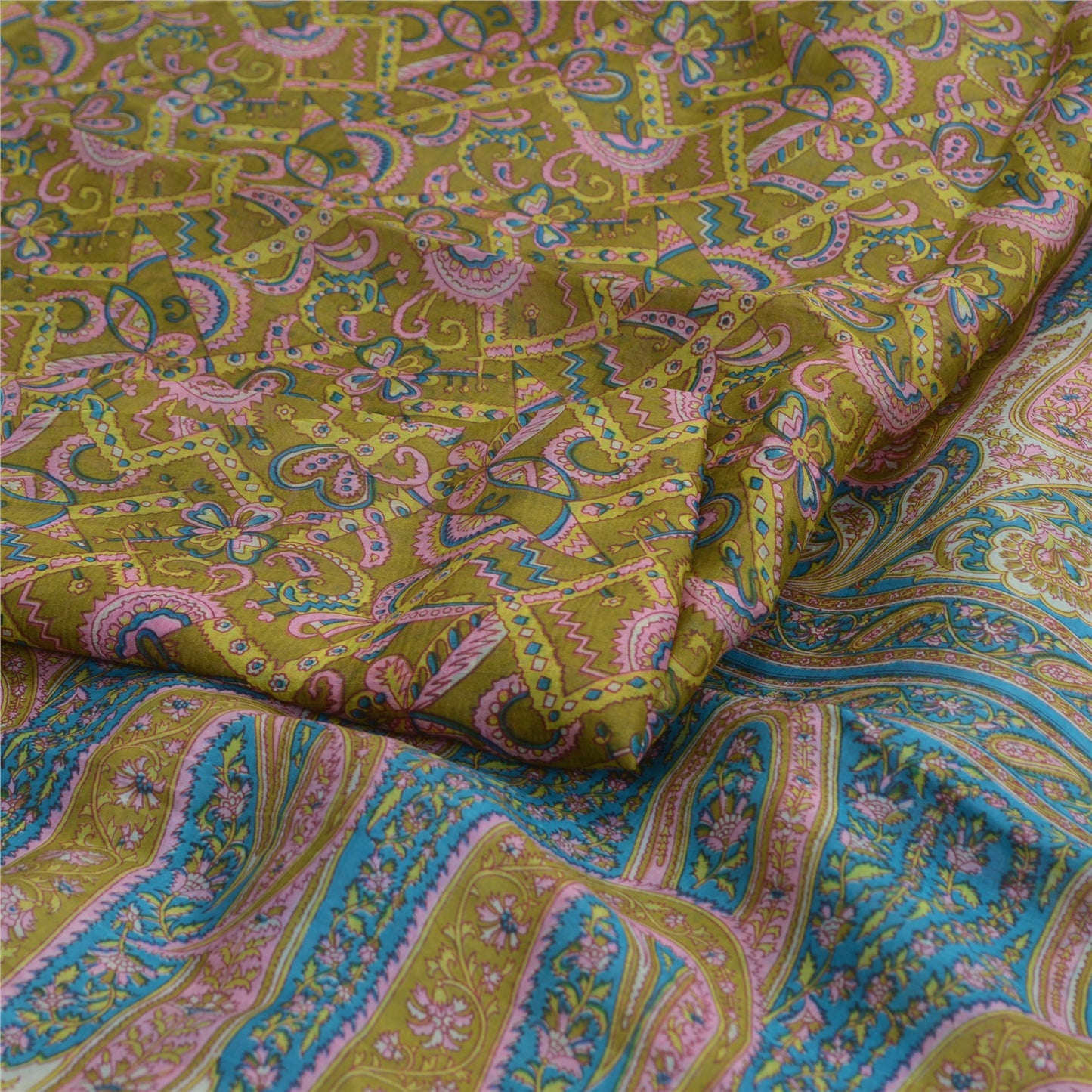 Sanskriti Vintage Green Printed Indian Sarees 100% Pure Silk Sari Craft Fabric