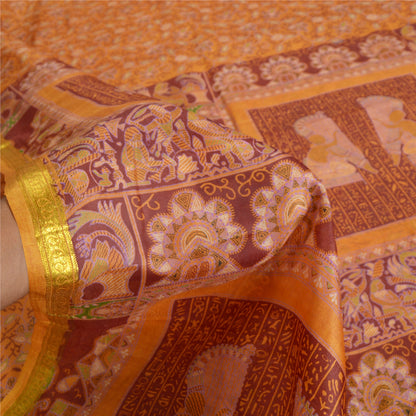 Sanskriti Vintage Sarees Indian Saffron Printed Pure Silk Sari 5yd Craft Fabric