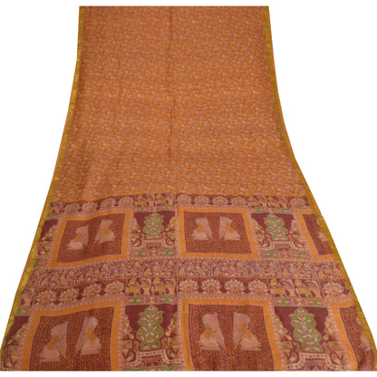 Sanskriti Vintage Sarees Indian Saffron Printed Pure Silk Sari 5yd Craft Fabric