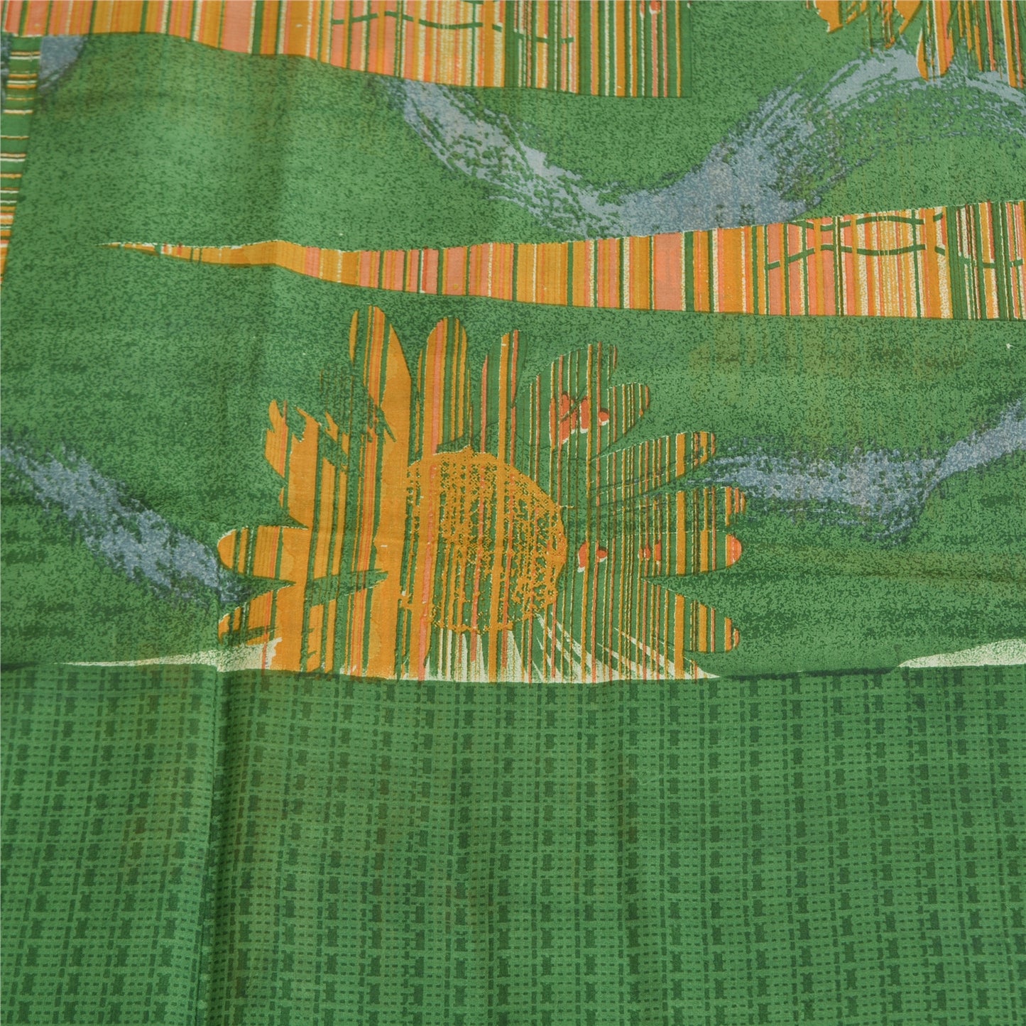 Sanskriti Vintage Sarees 5yd Green/Yellow Pure Silk Printed Sari 5ydCraft Fabric