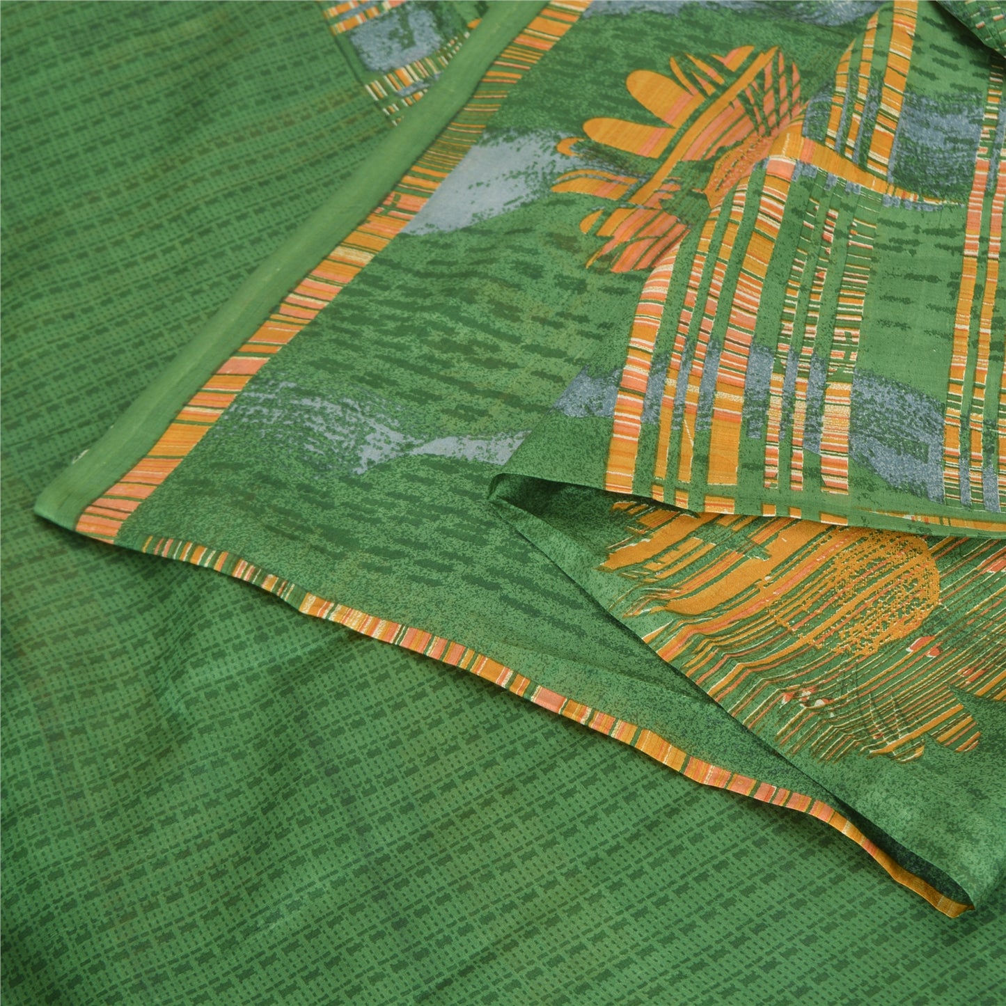 Sanskriti Vintage Sarees 5yd Green/Yellow Pure Silk Printed Sari 5ydCraft Fabric