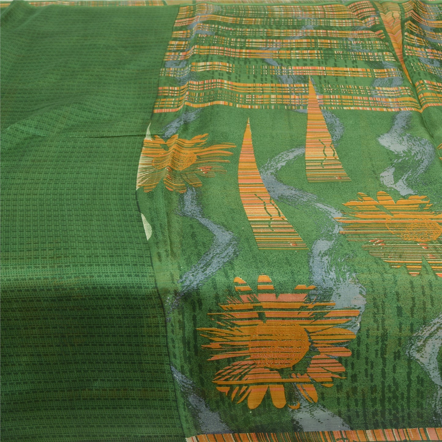 Sanskriti Vintage Sarees 5yd Green/Yellow Pure Silk Printed Sari 5ydCraft Fabric