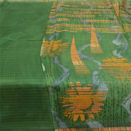 Sanskriti Vintage Sarees 5yd Green/Yellow Pure Silk Printed Sari 5ydCraft Fabric