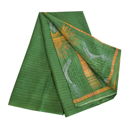 Sanskriti Vintage Sarees 5yd Green/Yellow Pure Silk Printed Sari 5ydCraft Fabric