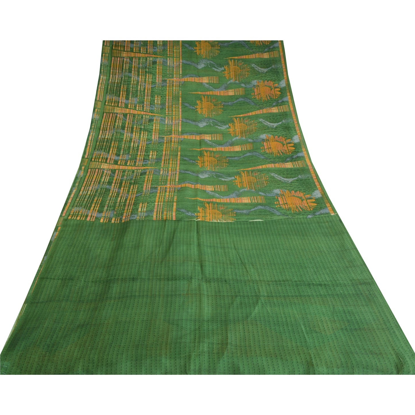 Sanskriti Vintage Sarees 5yd Green/Yellow Pure Silk Printed Sari 5ydCraft Fabric