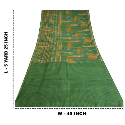 Sanskriti Vintage Sarees 5yd Green/Yellow Pure Silk Printed Sari 5ydCraft Fabric