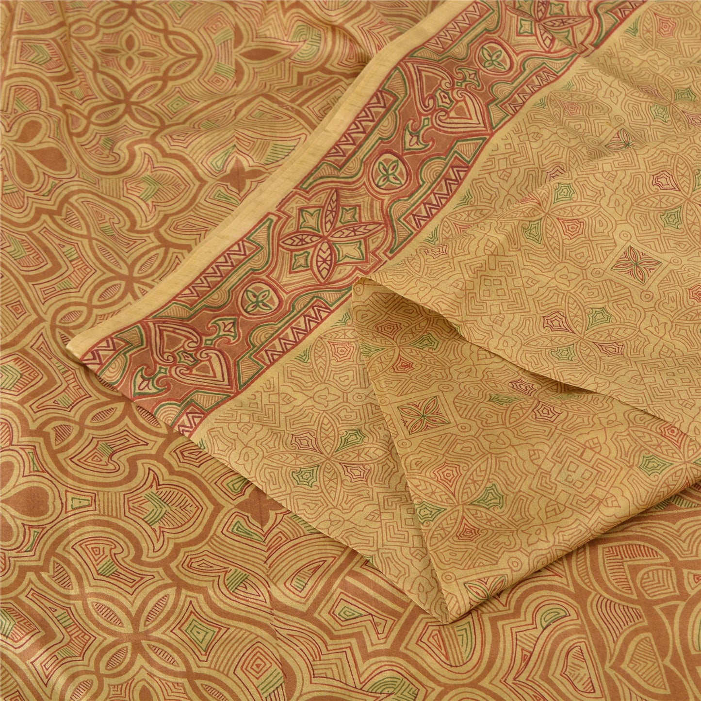 Sanskriti Vintage Sarees Shades of Cream Printed Pure Silk Sari 6yd Craft Fabric