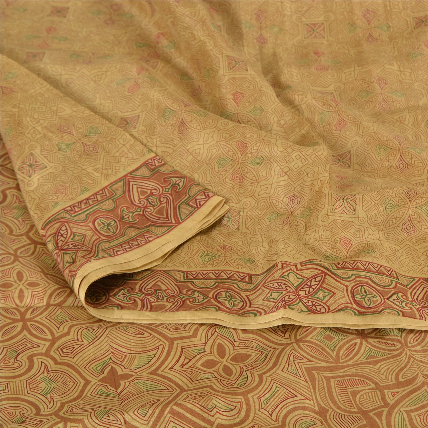 Sanskriti Vintage Sarees Shades of Cream Printed Pure Silk Sari 6yd Craft Fabric