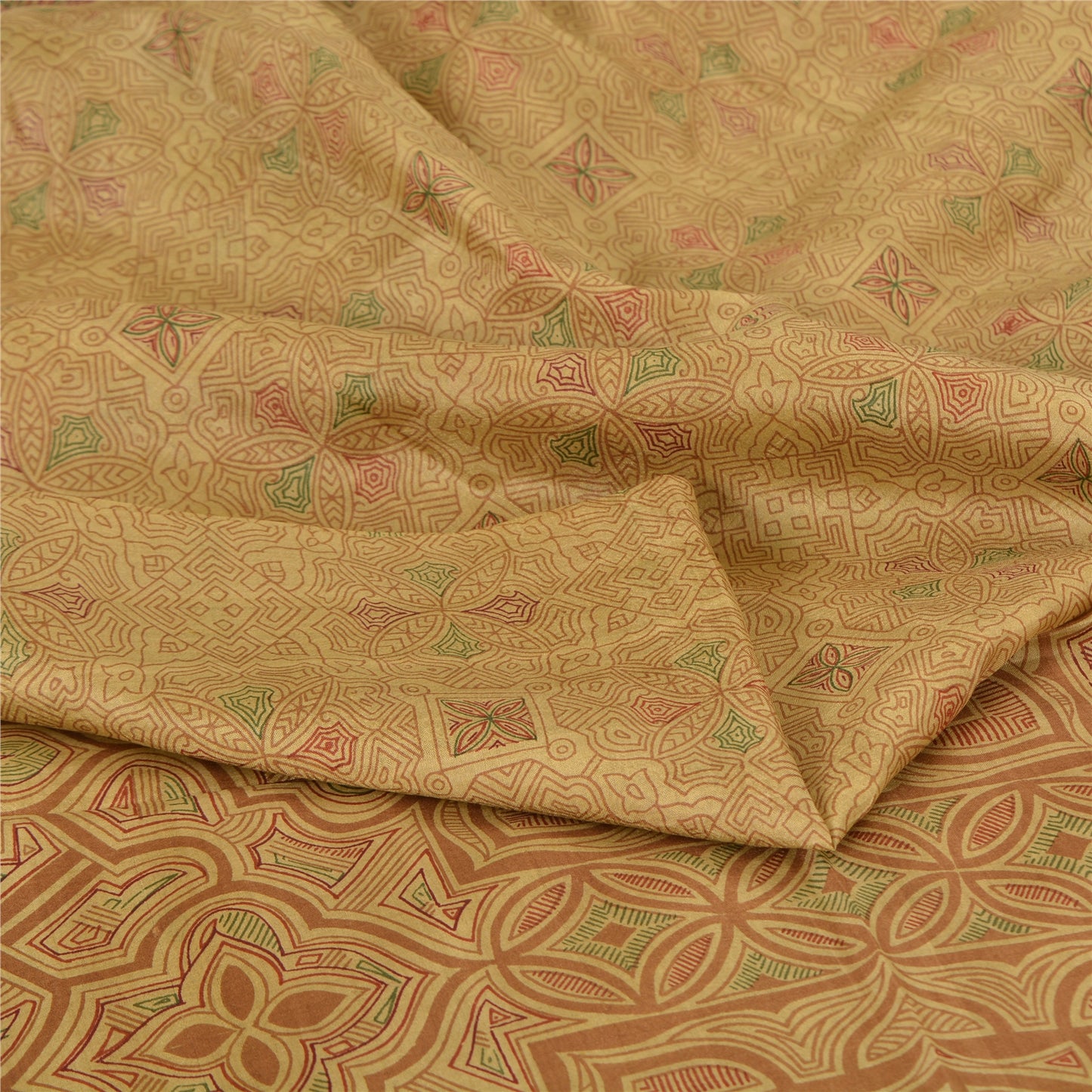 Sanskriti Vintage Sarees Shades of Cream Printed Pure Silk Sari 6yd Craft Fabric