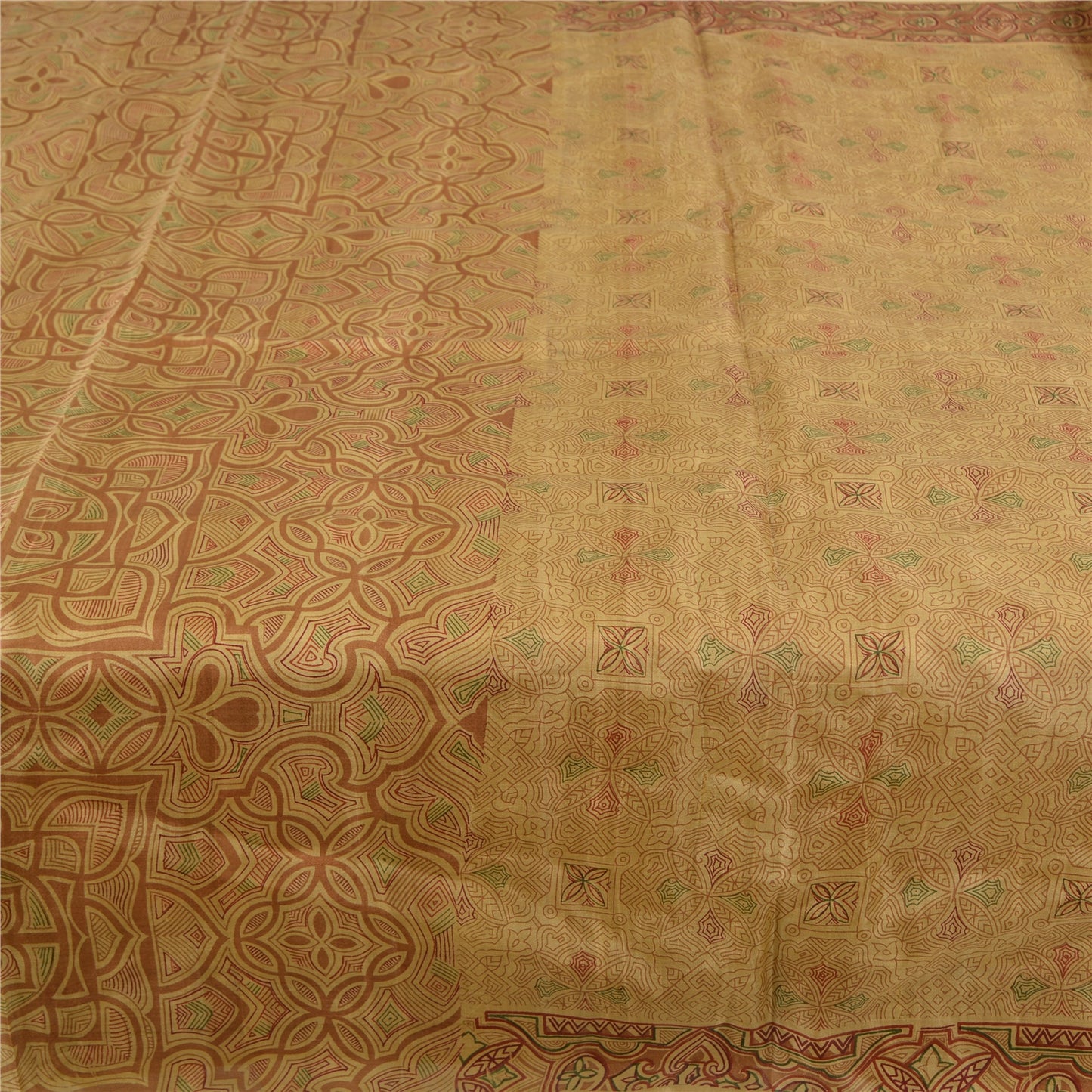 Sanskriti Vintage Sarees Shades of Cream Printed Pure Silk Sari 6yd Craft Fabric