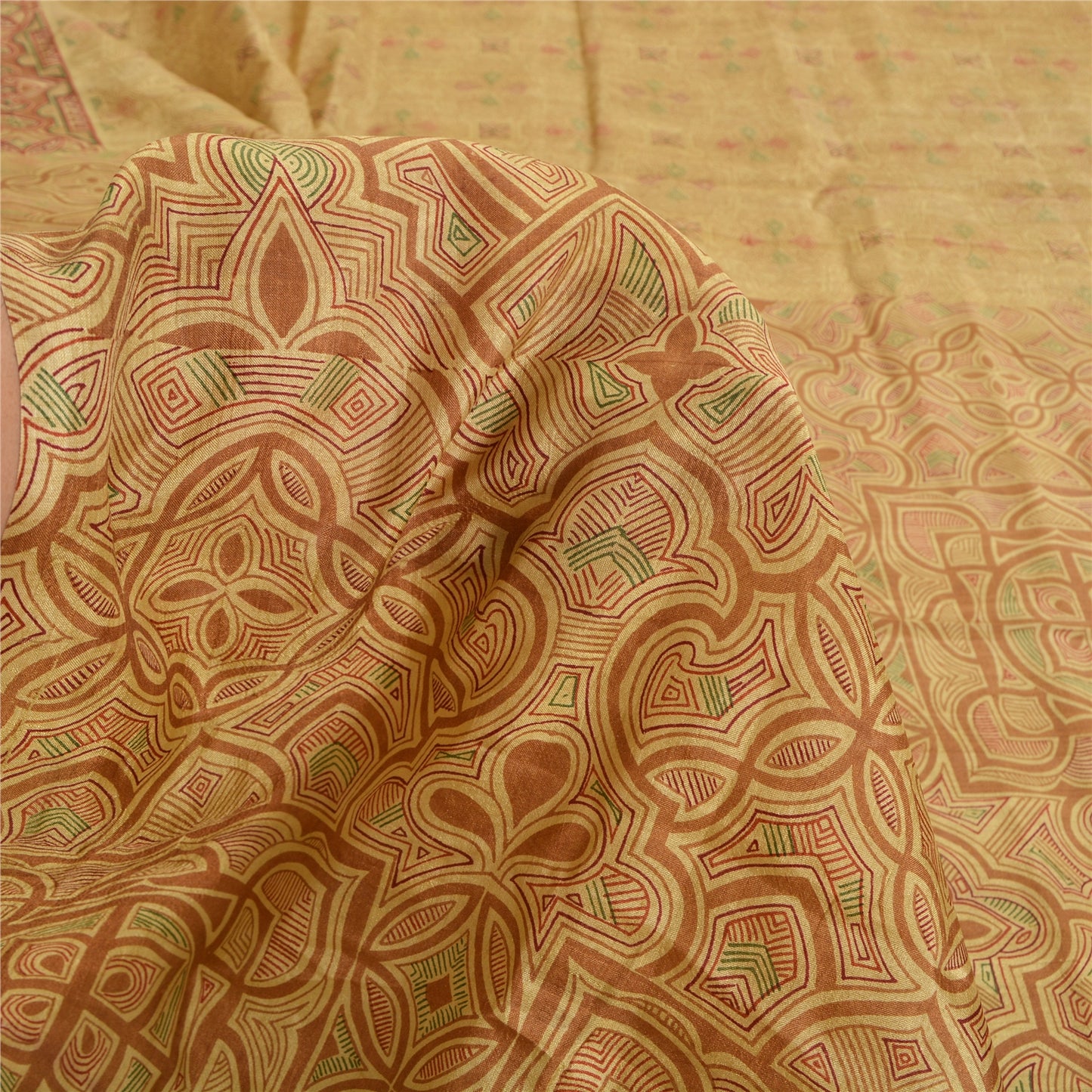 Sanskriti Vintage Sarees Shades of Cream Printed Pure Silk Sari 6yd Craft Fabric