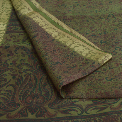 Sanskriti Vintage Sarees Green Pure Silk Printed Woven Border Sari Craft Fabric