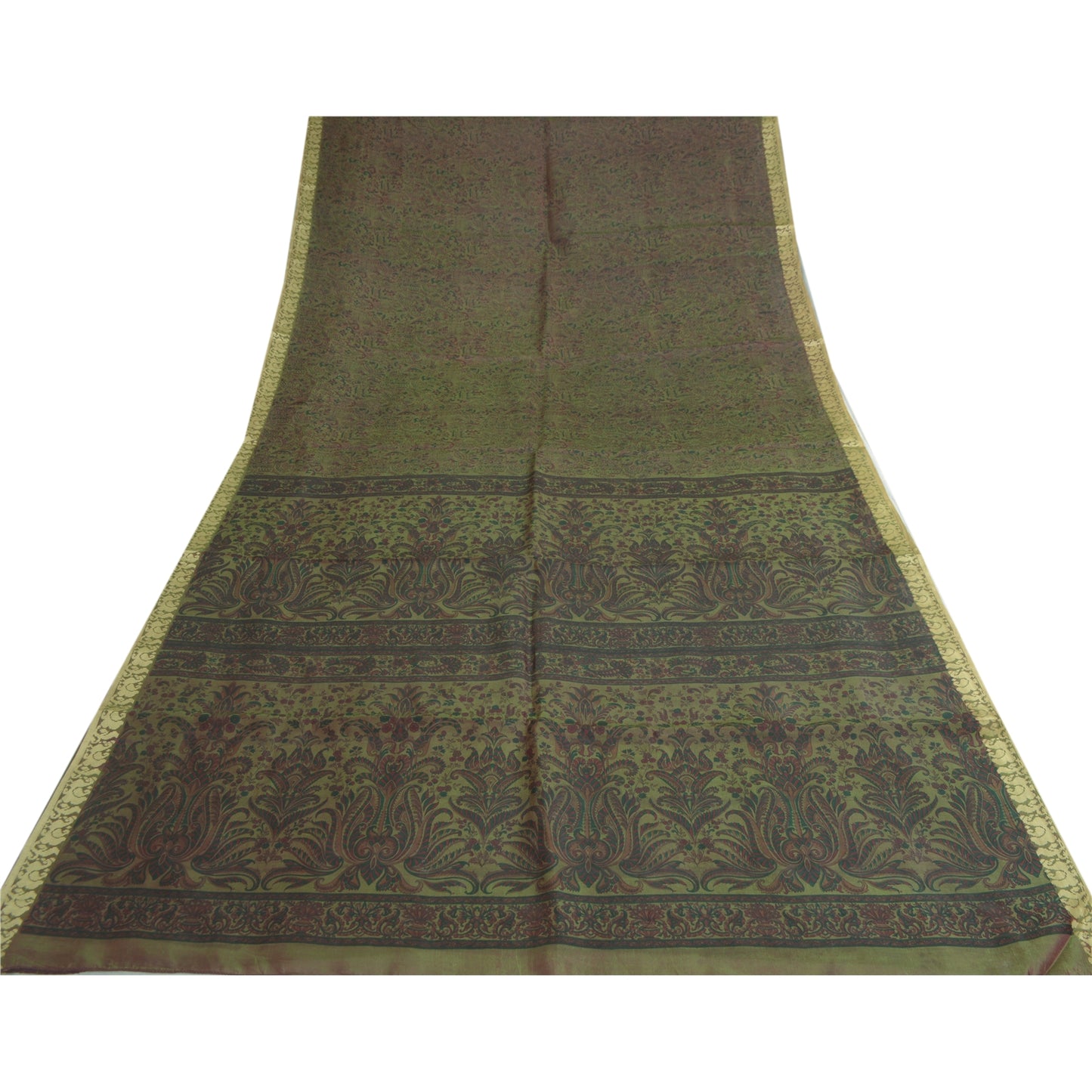 Sanskriti Vintage Sarees Green Pure Silk Printed Woven Border Sari Craft Fabric