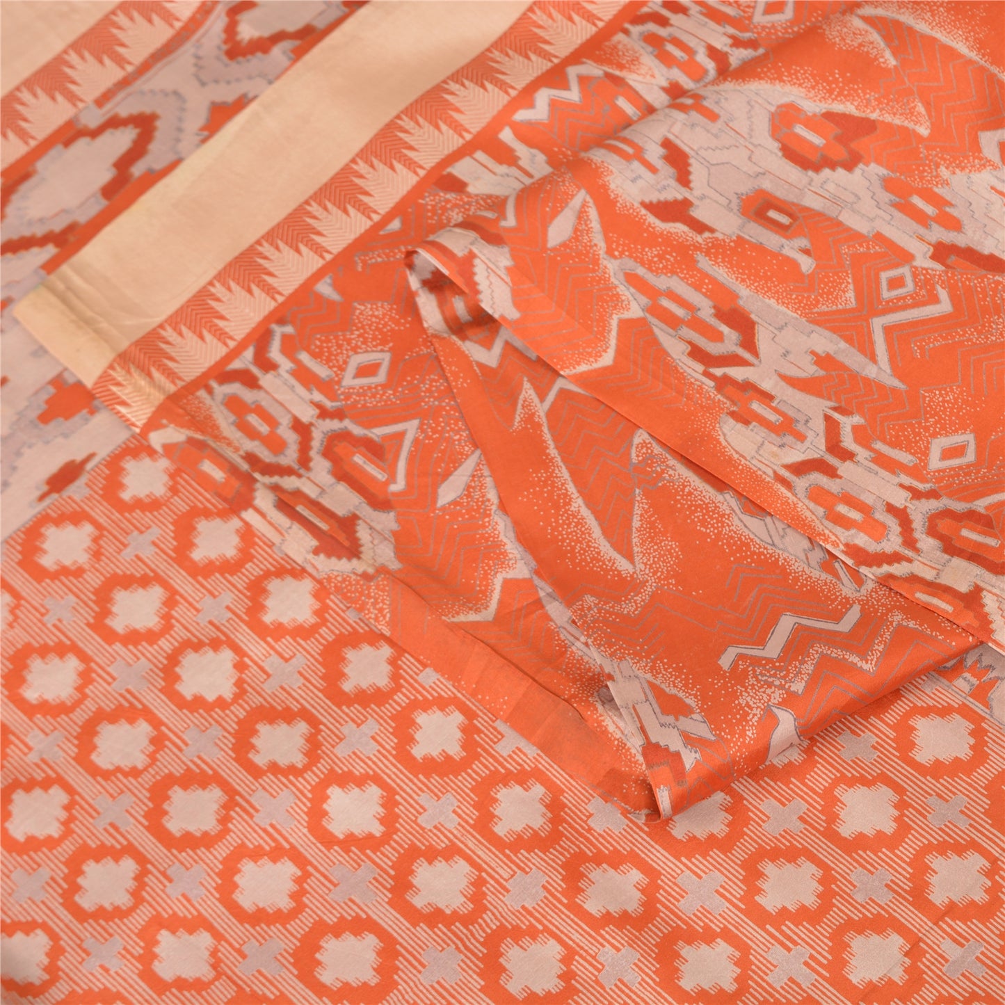 Sanskriti Vintage Sarees Orange Animal Printed 100% Pure Silk Sari Craft Fabric