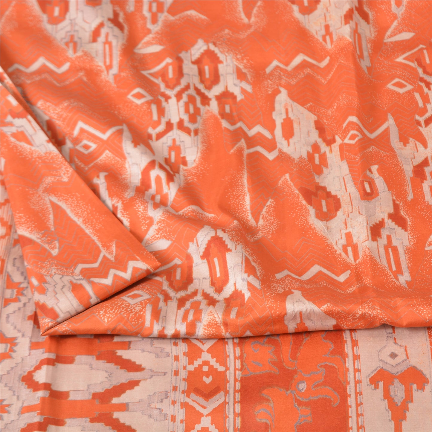 Sanskriti Vintage Sarees Orange Animal Printed 100% Pure Silk Sari Craft Fabric