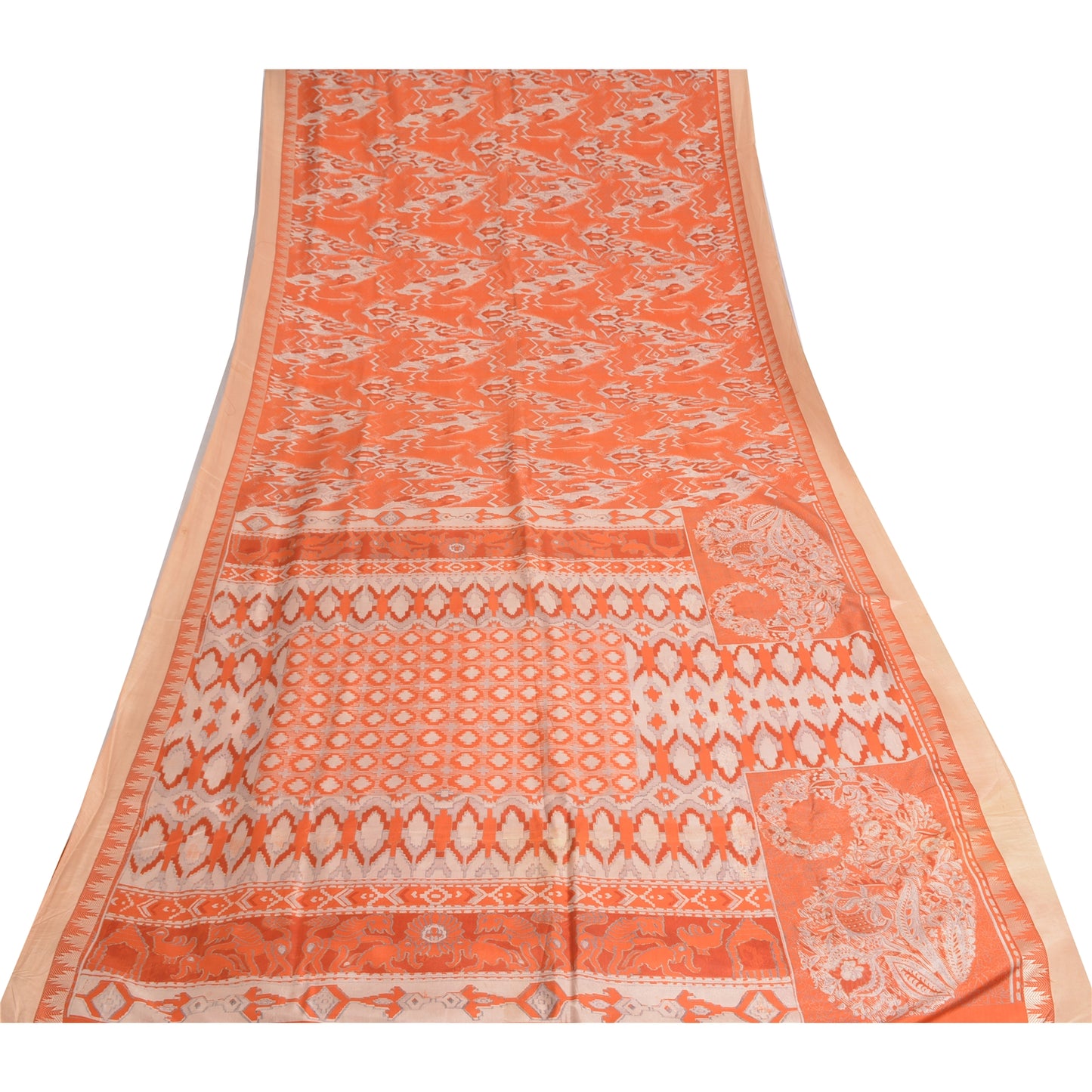 Sanskriti Vintage Sarees Orange Animal Printed 100% Pure Silk Sari Craft Fabric