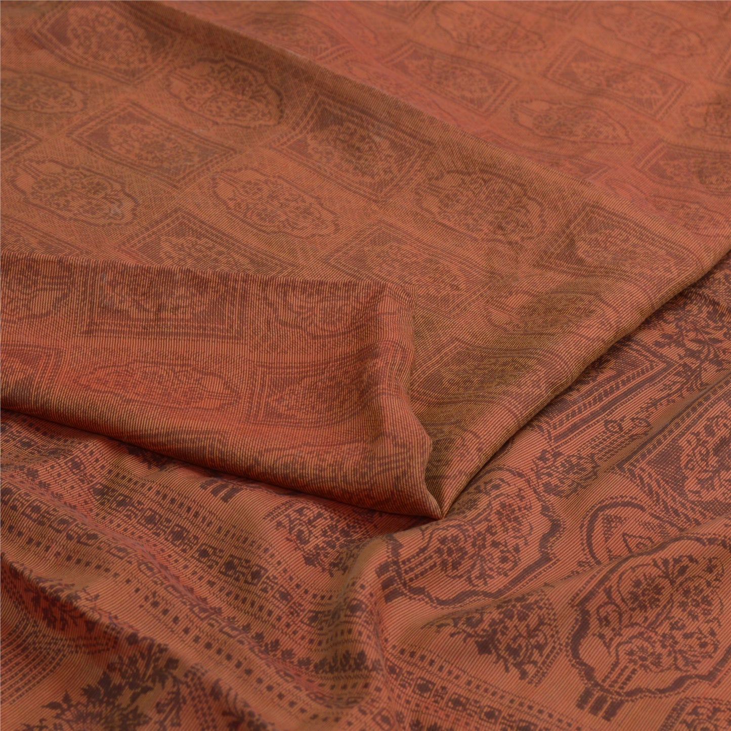 Sanskriti Vintage Brown Sarees 100% Pure Silk Printed Sari Craft 5 Yard Fabric